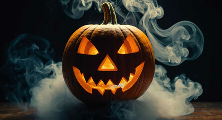 Pumpkin glowing face smoke abstract background