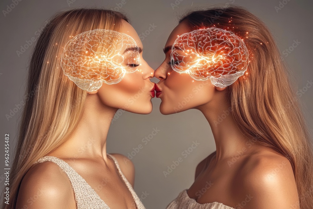 Poster mental capability prefrontal cortex glowing abstract portrait of two women facing each other symboli