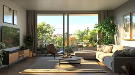 Fototapeta premium Modern Living Room with Large Windows and City Views