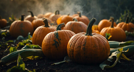 Fototapeta premium Pumpkins and corn glowing mist abstract background