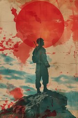 Fototapeta premium A silhouette of a soldier against a large red sun, evoking themes of war and patriotism.