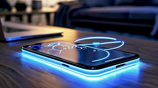 a smartphone  with  a blue light  shining on it