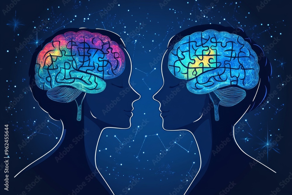 Poster neuroanatomy mental function neon colored digital heads with puzzle shaped brains representing intel