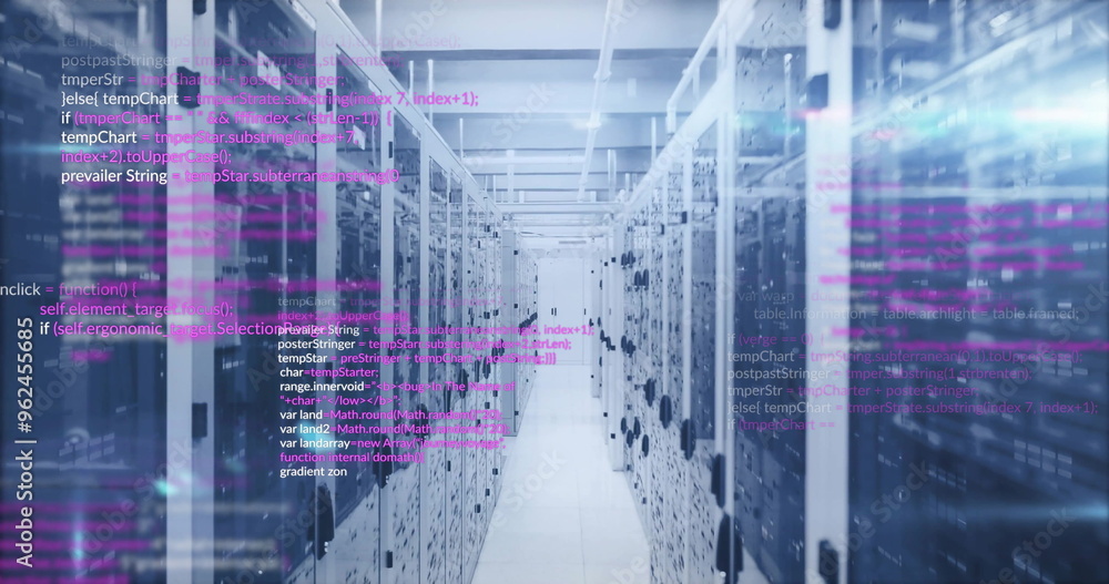 Poster computer code image over server racks in data center