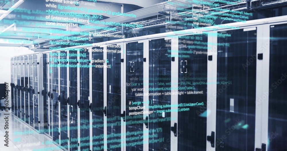 Poster computer code image over server racks in data center