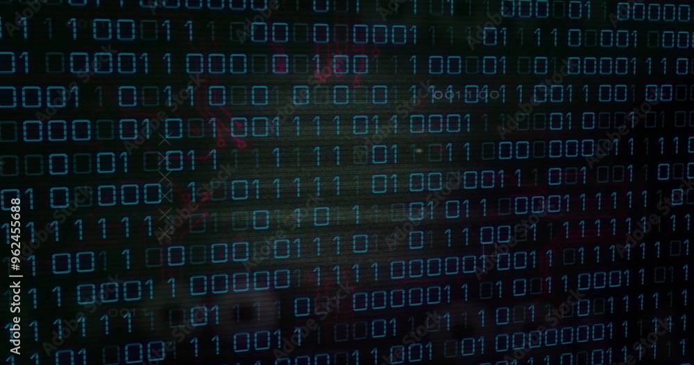 Poster binary code image over dark background with red and blue hues