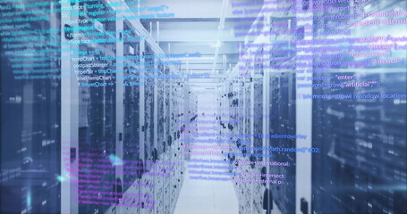 Fototapeta premium Computer code image over server racks in data center