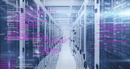 Computer code image over server racks in data center