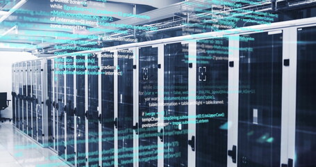 Computer code image over server racks in data center