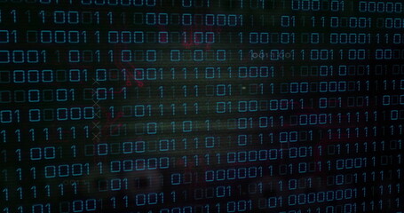 Binary code image over dark background with red and blue hues