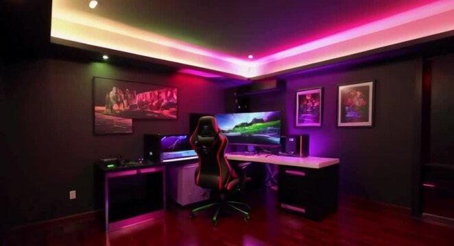 a sleek, modern gaming room illuminated by a warm, soft RGP (red, green, and purple) ambient light, creating a cozy and inviting atmosphere