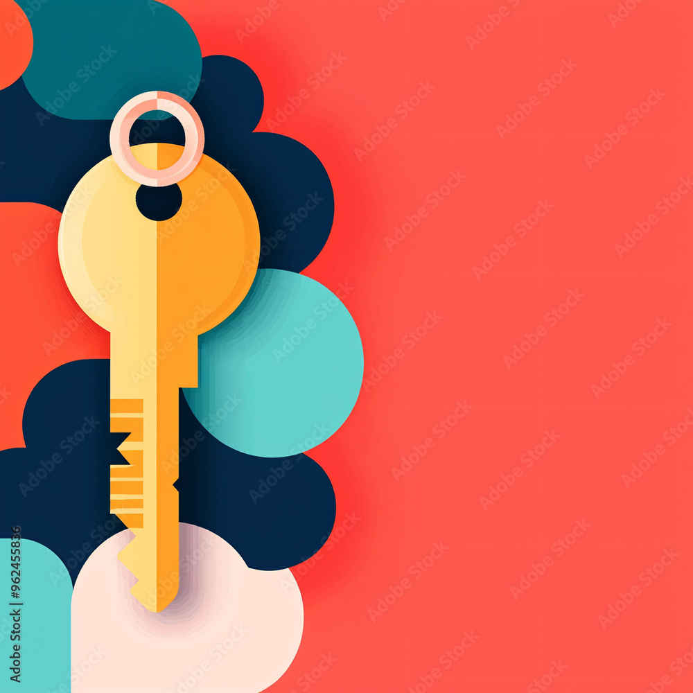 Poster a vibrant key design symbolizes security and access, surrounded by colorful abstract shapes. this mo