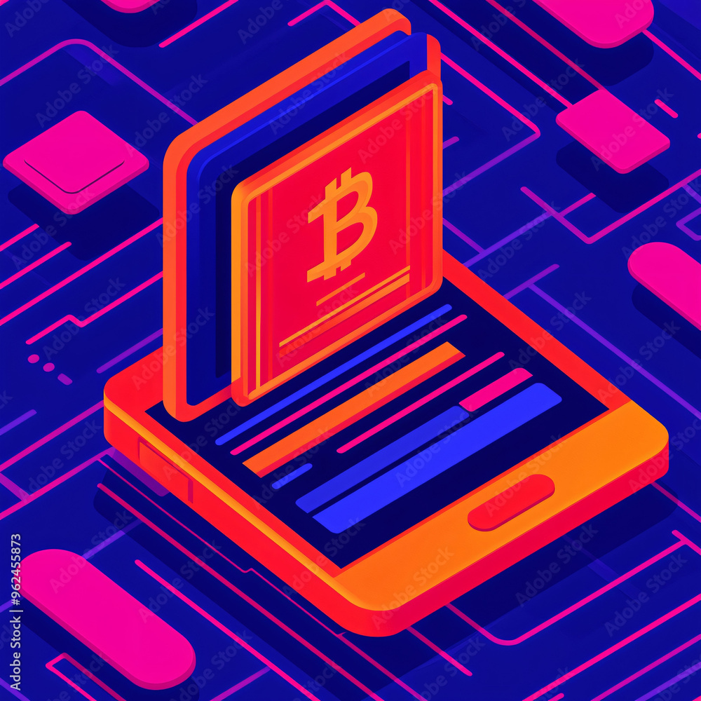 Poster digital illustration of laptop displaying bitcoin wallet, symbolizing secure digital transactions. v