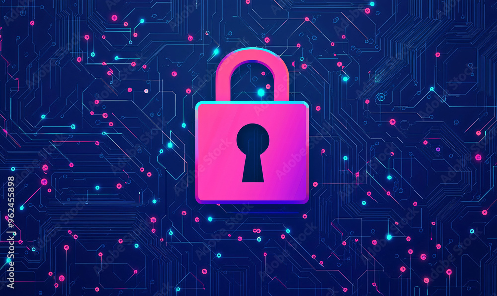 Poster digital padlock symbol on circuit board background, representing secure fintech networks and integra