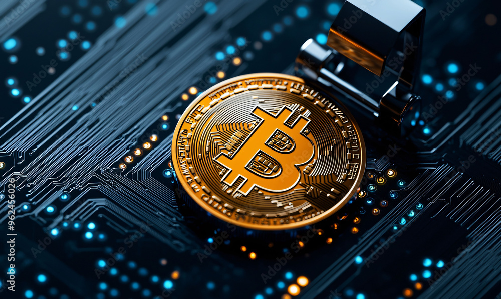 Poster digital currency bitcoin on circuit board background, symbolizing cryptocurrency technology and bloc