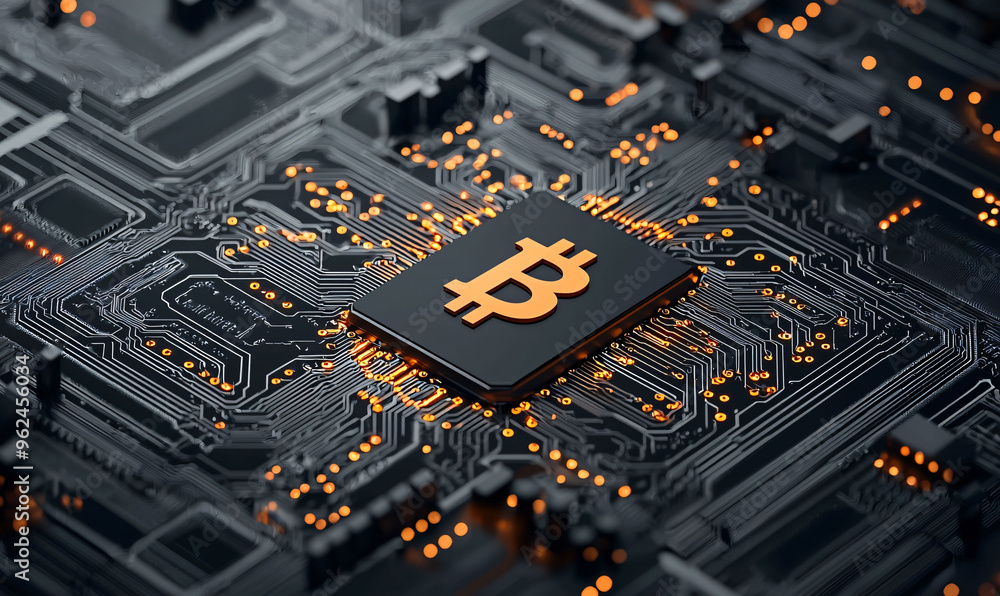 Poster bitcoin symbol on circuit board with glowing connections, representing cryptocurrency technology and