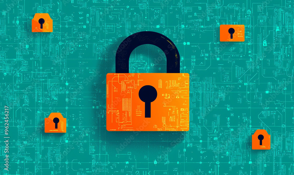 Poster secure digital lock design with technology background, symbolizing cybersecurity and protection.