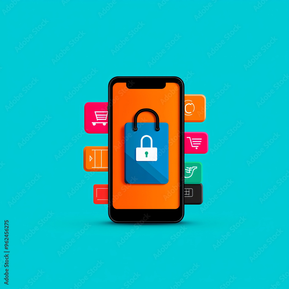 Poster secure mobile payment concept with smartphone displaying lock symbol, surrounded by colorful shoppin