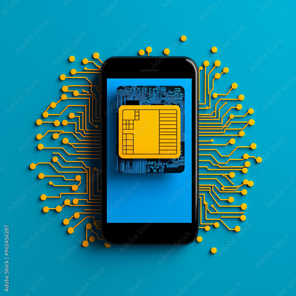 Poster mobile payment security with an encrypted transaction displayed on smartphone, featuring yellow sim 