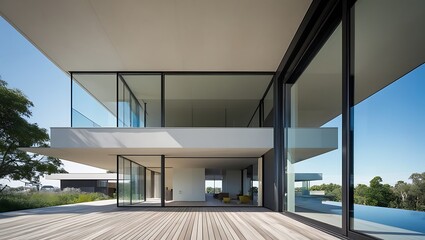 Fototapeta premium Modern Architectural Masterpiece Featuring Sleek Glass Walls, Bold Lines, and Open Outdoor Spaces