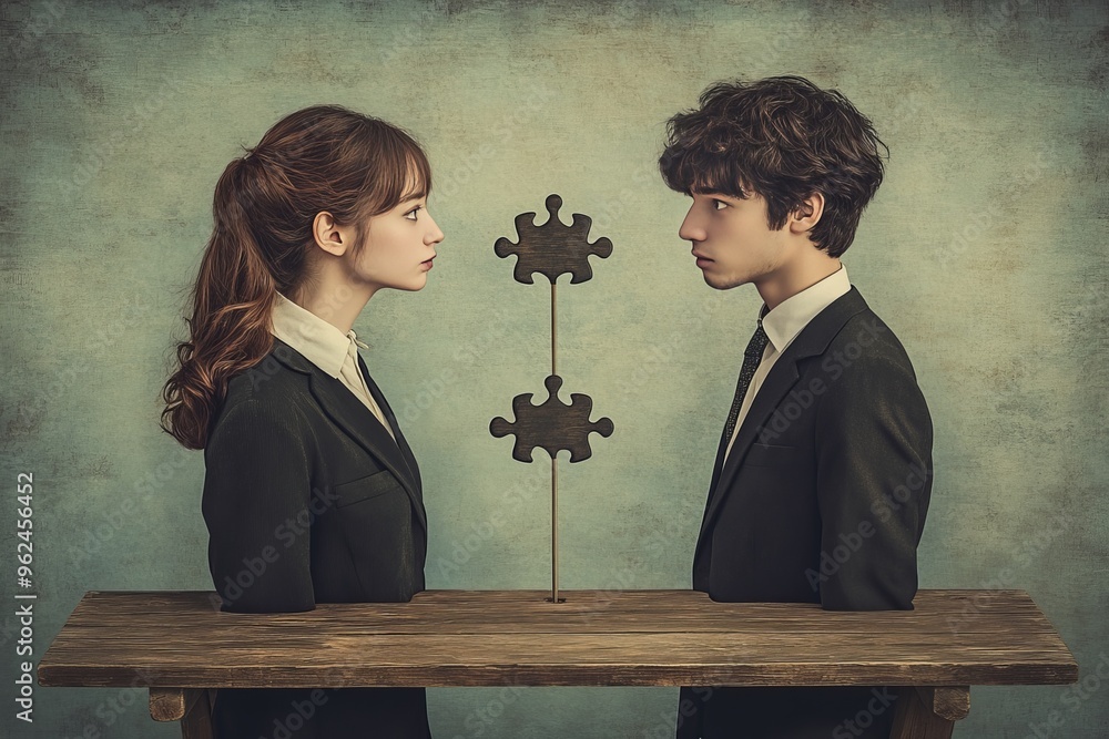 Poster cerebral processing mental function stylized portrait of two businesspeople with a puzzle piece conn