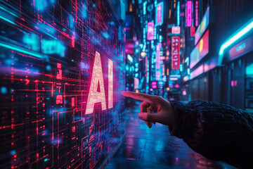 Fingers about to interact with ‘AI’ letters made of shifting geometric patterns in a neon city