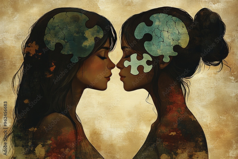 Poster neural architecture mental function artistic rendering of two women with brains made of flowers symb