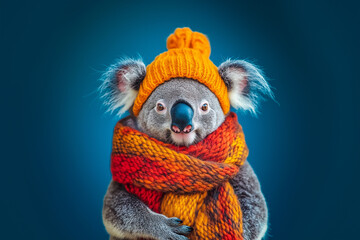 Fototapeta premium Adorable koala wrapped in a knitted scarf and hat, with a bright blue backdrop, radiating cozy winter vibes
