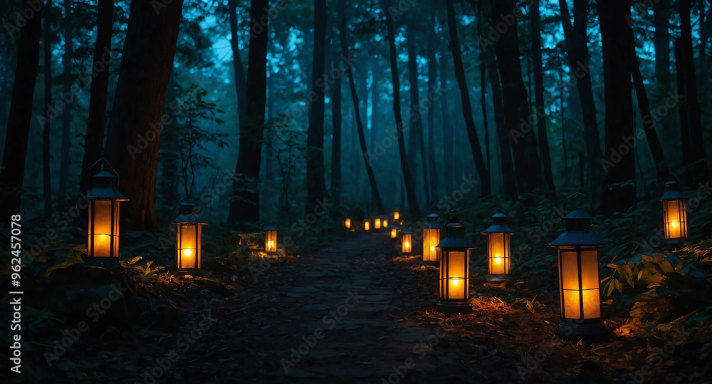 Poster shadowy forest path with glowing lanterns background