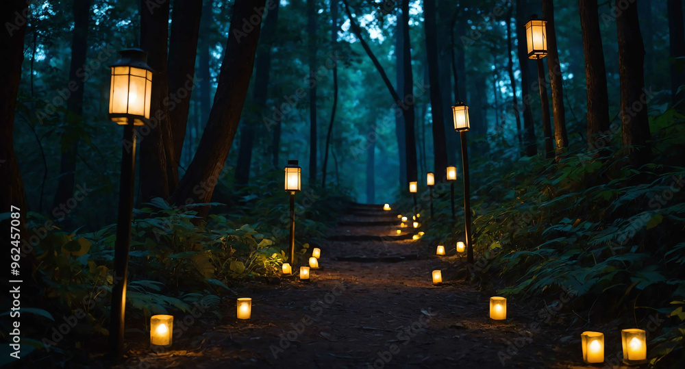 Poster shadowy forest path with glowing lanterns background