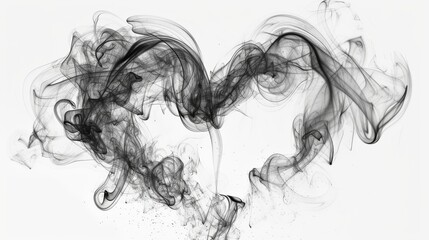 Fototapeta premium Intriguing black smoke swirls form a heart shape against a white background, creating an abstract and mysterious visual. Ideal for themes of love, mystery, and the ethereal.