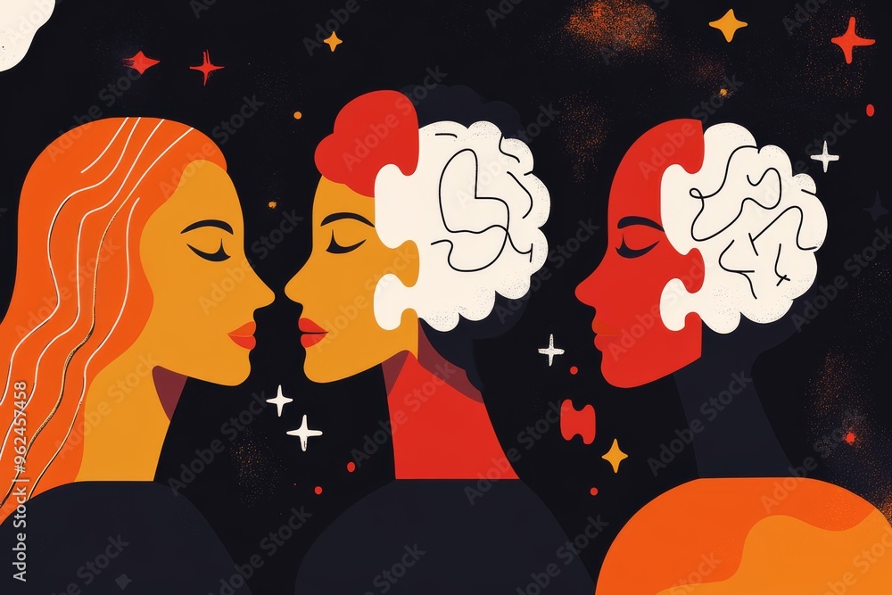 Poster neural processors mental function flat illustration of two women with brains made of clouds and star