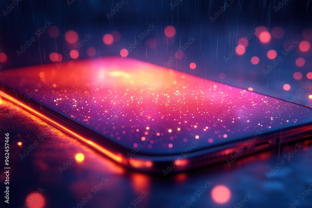 Poster a smartphone with a glowing screen and raindrops on it in the dark.