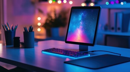 Sleek, high-tech smart device with blue and multi-colored LED lighting effects on a modern desk