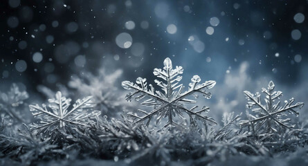 Silver snowflakes glowing mist abstract background