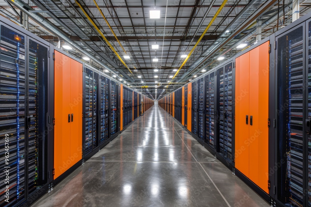Poster the image shows a modern server room with rows of server racks and blinking lights in perspective. t