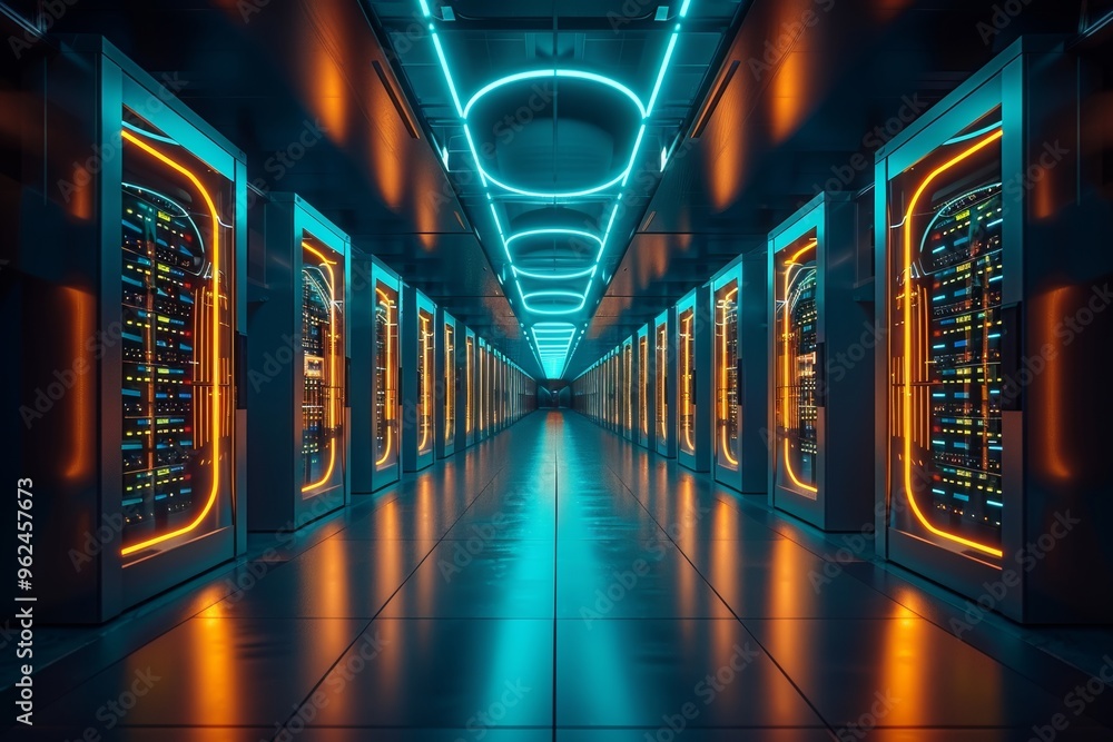 Poster futuristic server room showcasing advanced technology with rows of servers illuminated by a blend of
