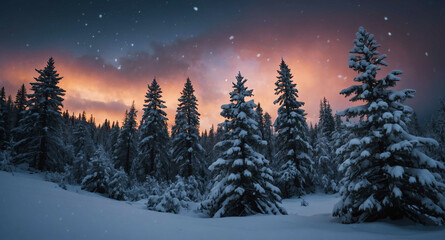 Snow covered pine trees with glowing lights background