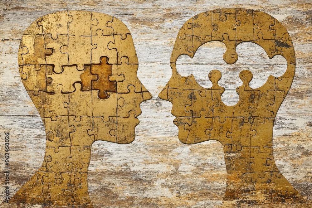 Poster cognitive mental function artistic rendering of two puzzle shaped heads symbolizing intellectual col