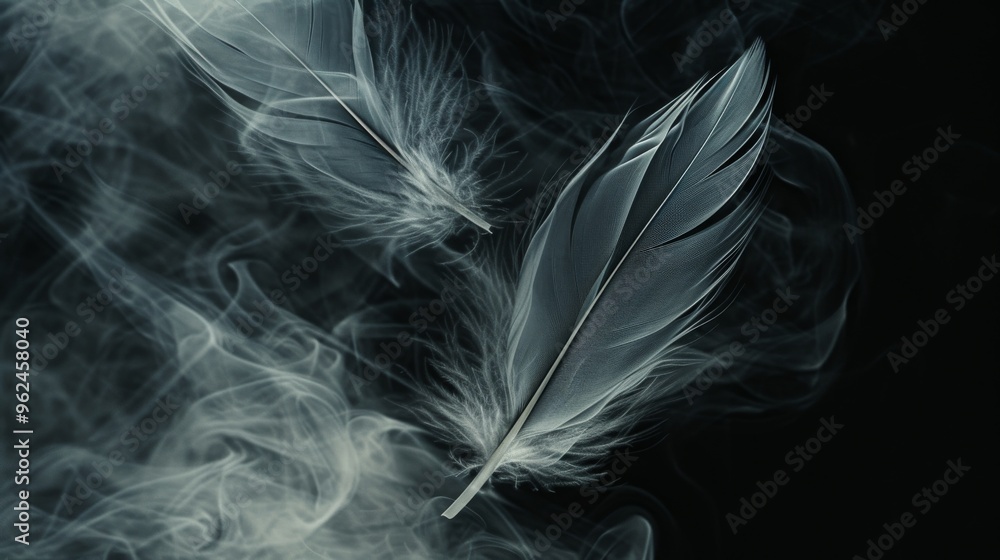 Poster captivating image of delicate feathers intertwined with smoky wisps on a dark background. the ethere