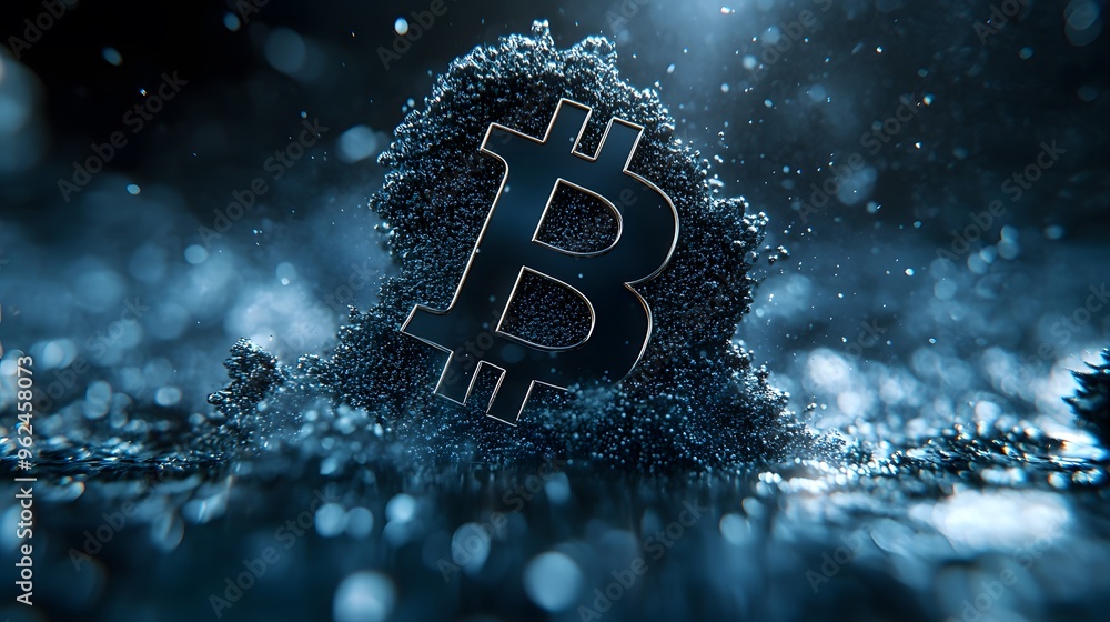 Poster bitcoin symbol d render with blue sparkle background