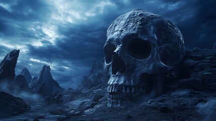 Giant Skull in a Dramatic Landscape with Dark Clouds