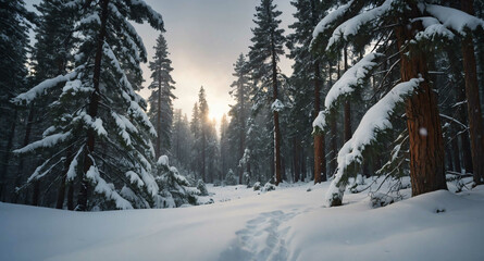 Obraz premium Snow falling gently on pine trees background