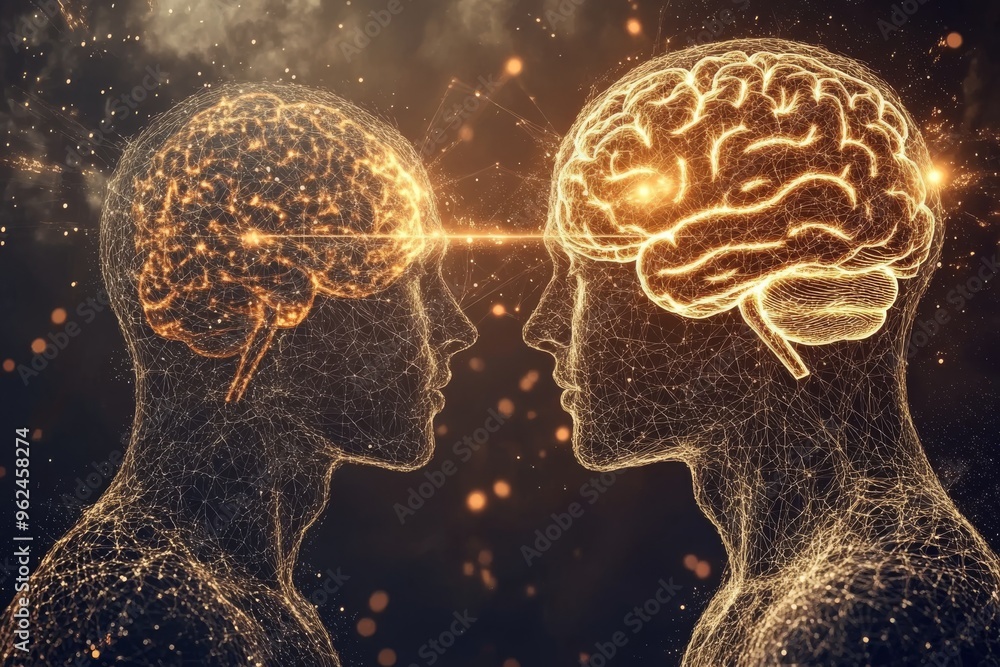 Poster brainpower mental function abstract digital art of two glowing brains facing each other symbolizing 