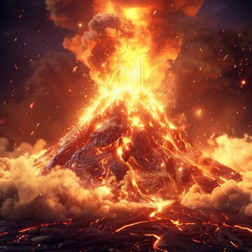 A volcano erupts with orange lava flowing down its sides, emitting smoke and ash. The dramatic scene is awe-inspiring and dangerous, causing potential damage and loss of life.