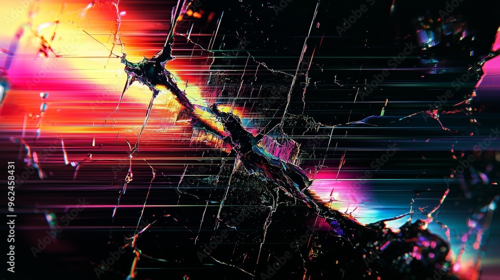 Poster a chaotic, fragmented screen texture with deep fractures and rainbow pixelation, set on a dark, mini
