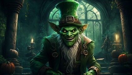 Scary Goblin Leprechaun in Haunted House, Halloween