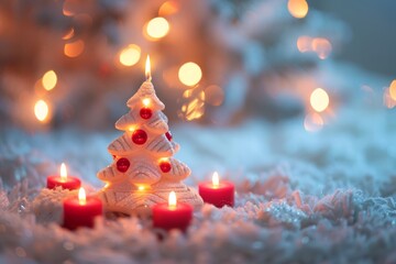 Small Christmas tree candle surrounded by glowing red candles, set on a fluffy snow-like surface.