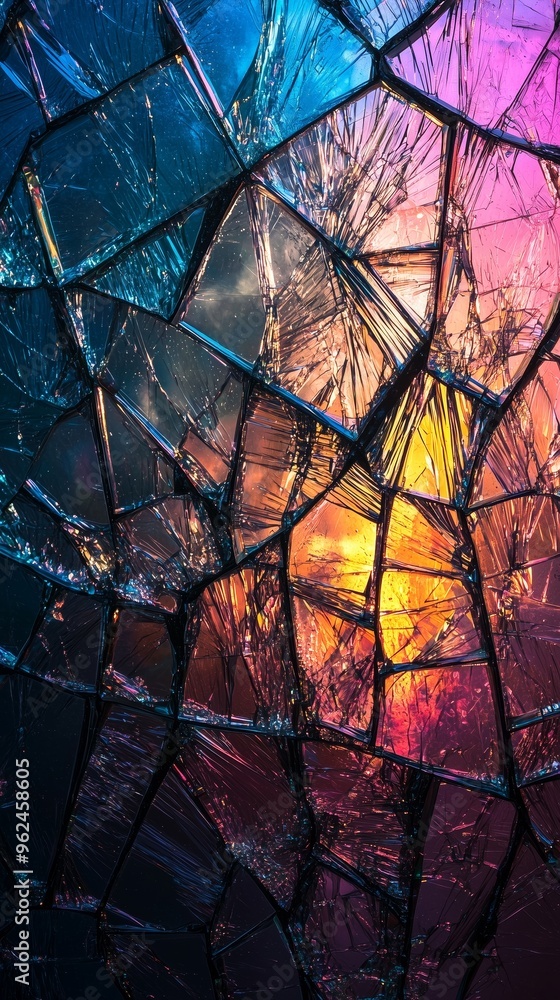 Poster a shattered screen texture with fine cracks and colorful pixelation, perfect for creating overlay ef