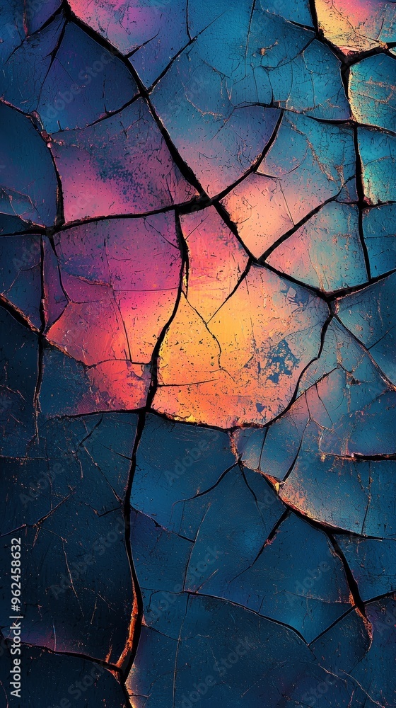 Poster a detailed, abstract crack pattern on a broken screen with jagged lines and pixel glitches, perfect 